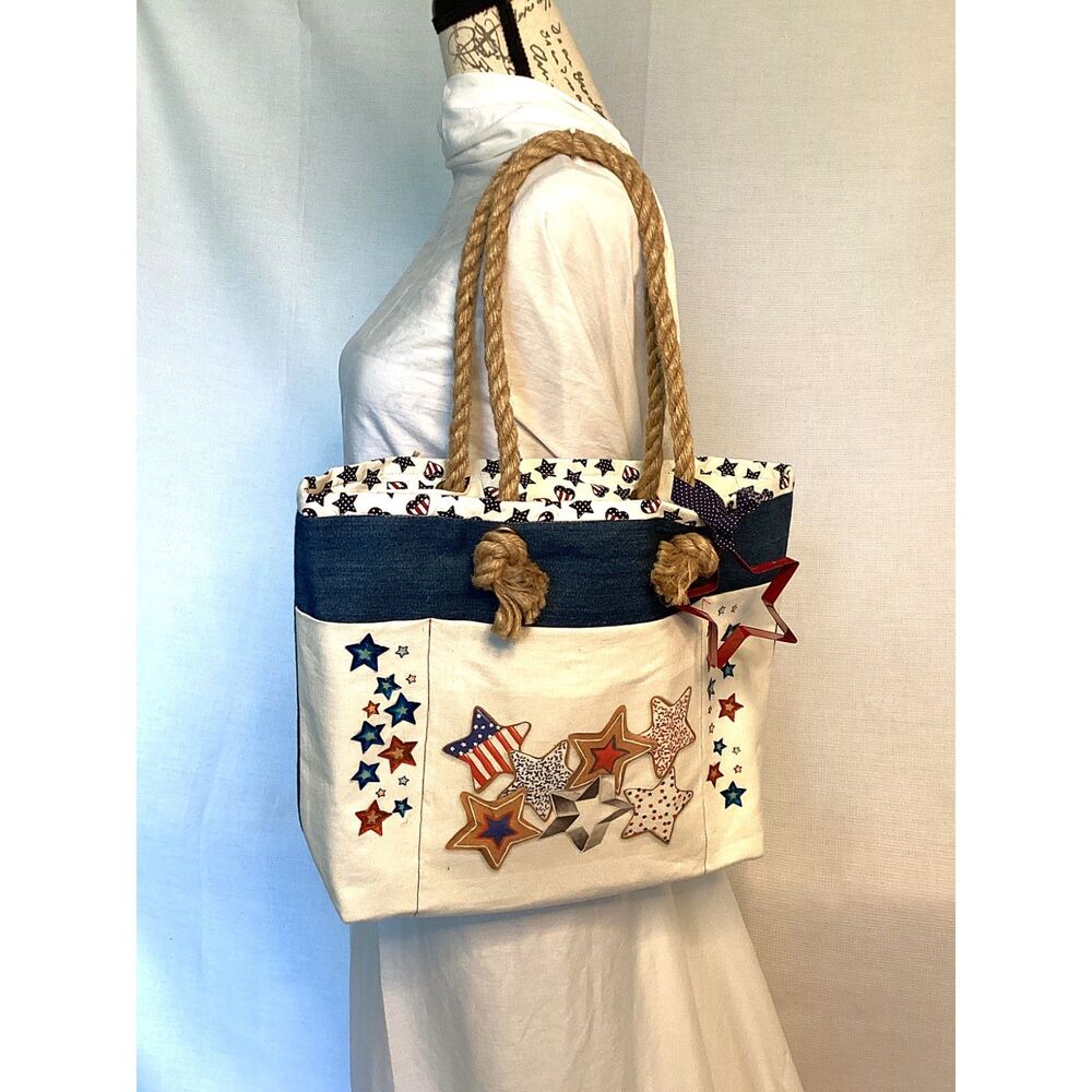 Stars Denim Open Top Tote with Rope Handles Hand Crafted NEW